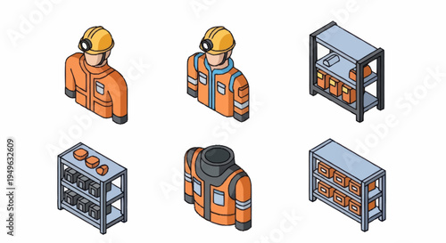 Isometric Firefighter Uniforms and Equipment Storage Racks.
