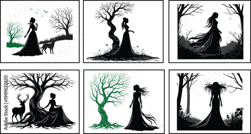 Mystical woman silhouette in forest with trees animals and flowing dress fantasy nature scenes collection vector illustration set