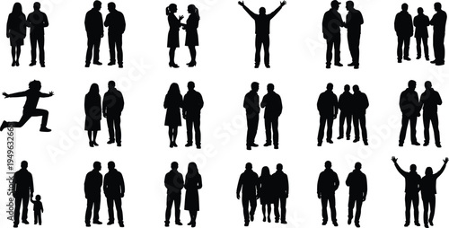People silhouettes collection diverse men women couples groups standing walking talking social interaction isolated on white vector illustration set