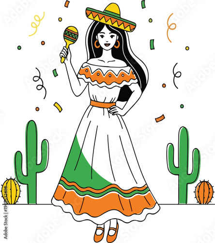 Woman Wearing Sombrero and Dress.