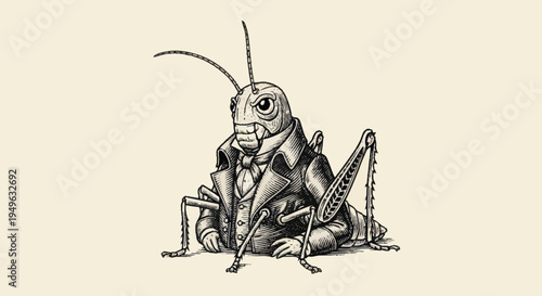 Anthropomorphic Grasshopper Dressed in Formal Business Attire.