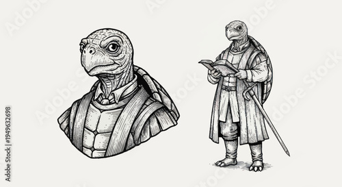 Anthropomorphic Turtle Characters in Detailed Illustration.