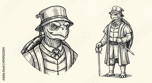 Anthropomorphic Turtle Character in Vintage Clothing.