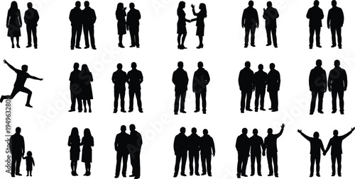 People silhouettes collection men women couples groups standing talking walking social interaction lifestyle isolated on white vector illustration set