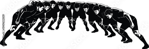 Rugby team scrum formation silhouettes players in huddle preparing for match isolated vector illustration for sports teamwork competition concept