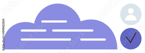 Data security, cloud storage, user access, digital identity, verification, online systems. A purple cloud with a user profile icon and checkmark. Cloud storage and user access verification concept