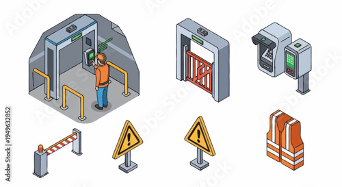 Security Checkpoint and Safety Equipment Isometric Icons.