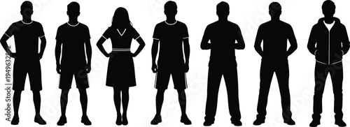 Standing people silhouettes collection with men and woman casual outfit human figures isolated on white background lifestyle vector illustration set