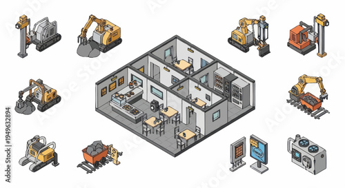 Isometric Construction Equipment and Building Blueprint.