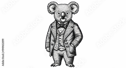Dapper Koala Wearing a Suit and Bow Tie Illustration.