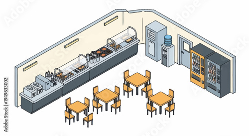 Isometric View of a Cafeteria Serving Area with Seating.