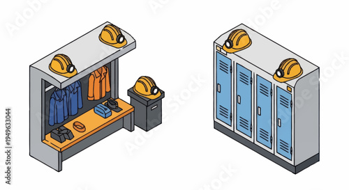 Industrial Locker Room and Changing Area with Hard Hats.