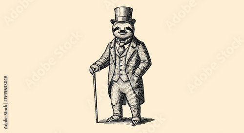 Vintage Gentleman Sloth Wearing Top Hat and Suit Holding Cane.