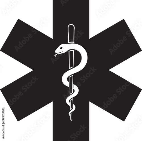 Black Star of Life medical symbol with caduceus, transparent background