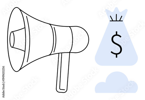 Megaphone and dollar-branded money bag symbolizing marketing, announcements, financial success, revenue generation, fundraising, promotions, and investment opportunities. Ideal for advertising