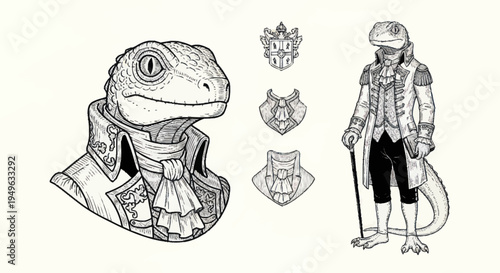 Anthropomorphic Lizard Character in Historical Attire.