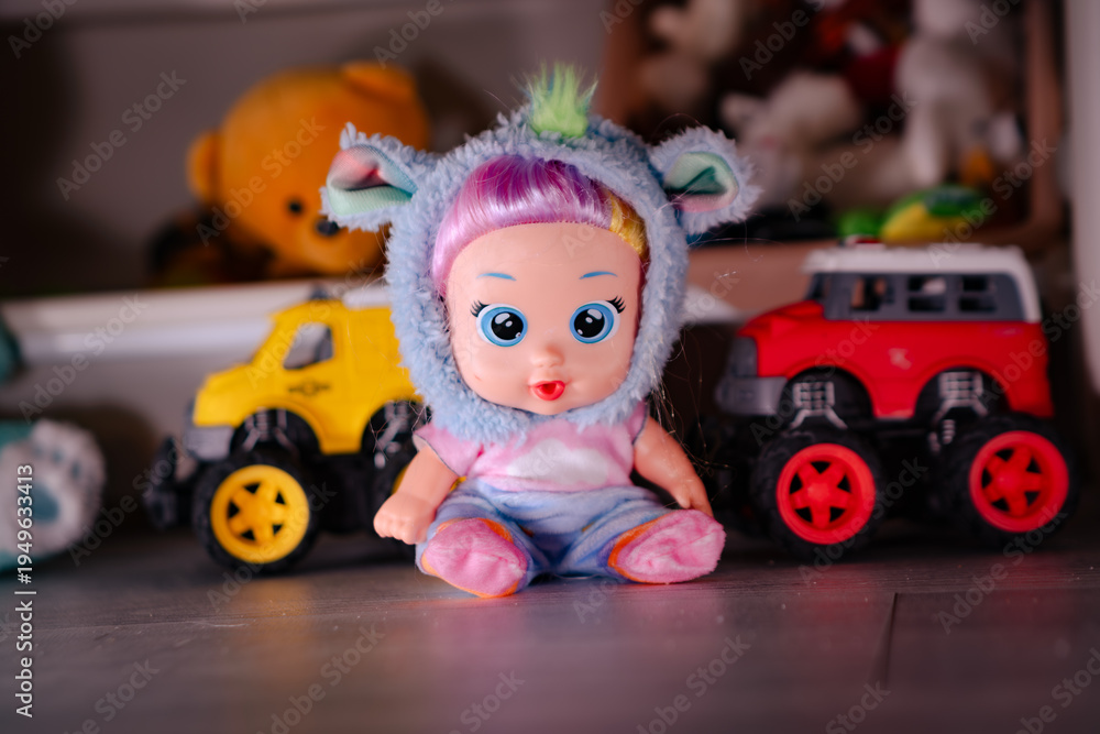 Fototapeta premium Little doll wearing blue furry animal hood sitting between toy trucks. Child playing with plastic baby toy on floor. Colorful childhood object collection for gift or nursery decor.