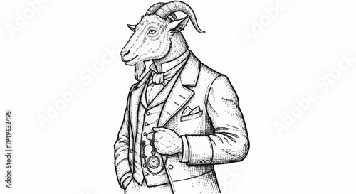 Anthropomorphic Goat Dressed in Formal Business Attire Smoking Pipe.