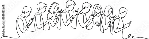 Minimalist people using smartphones continuous line art, modern society flat vector