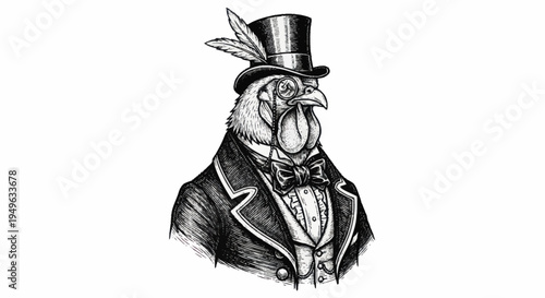 Elegant Rooster Dressed in Formal Attire and Top Hat.
