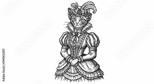 Elegant Victorian Cat Lady Portrait Illustration.