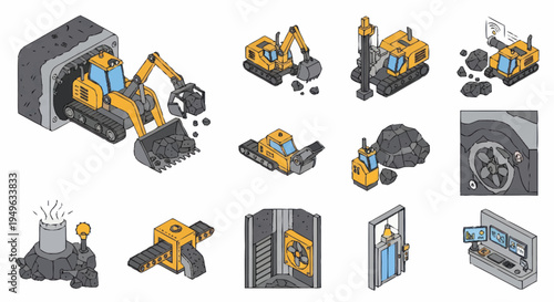 Construction and Mining Equipment Set Isometric Icons.