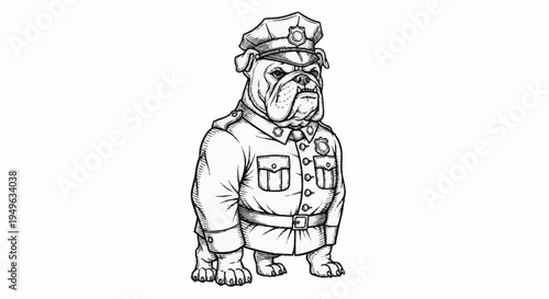 Bulldog dressed as a police officer in a detailed drawing.