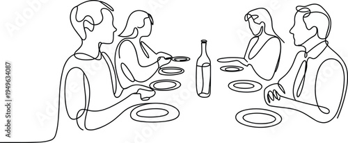 Minimalist dining table continuous line art, social gathering scene flat vector