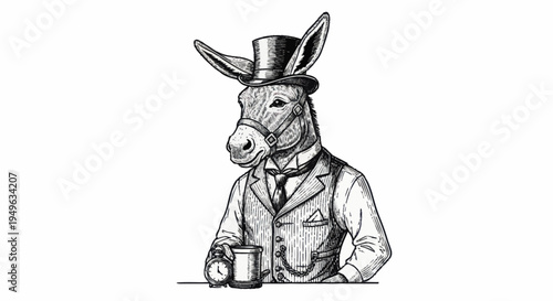 Elegant Donkey Dressed in Formal Attire Holding a Drink.