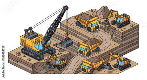 Isometric view of a large-scale open-pit mining operation with heavy machinery.