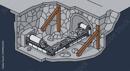 Isometric view of a mine shaft with conveyor belts and rocks.