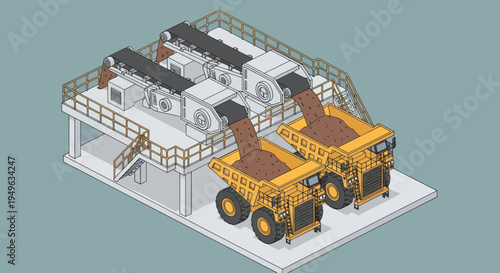Isometric view of a mining operation with large dump trucks being loaded by conveyor belts.