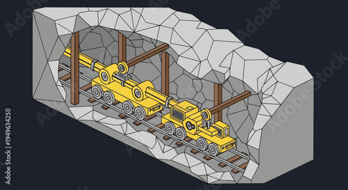 Isometric view of a mining tunnel with heavy machinery for resource extraction.