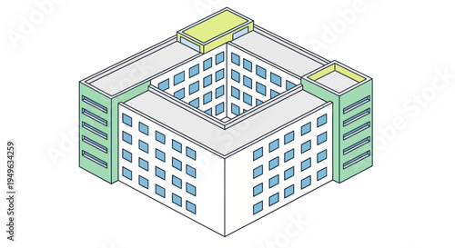 Isometric view of a modern building with a central courtyard and green roof elements.