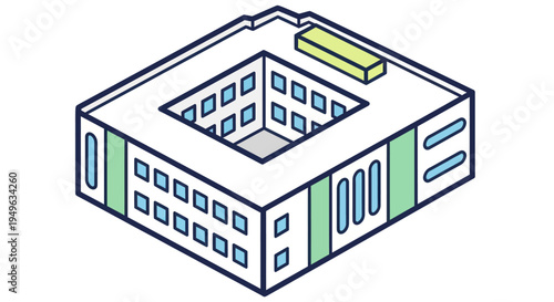 Isometric view of a modern building with a central courtyard.
