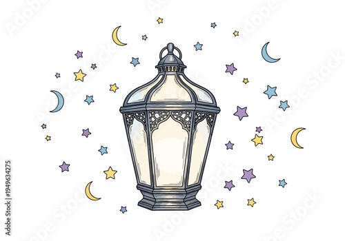Ornate Hand-drawn Ramadan Lantern with Glowing Light Surrounded by Colorful Stars and Moons.