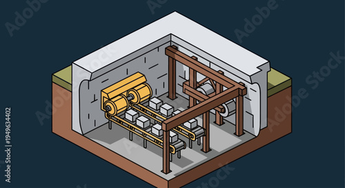 Isometric view of a small industrial facility with machinery.