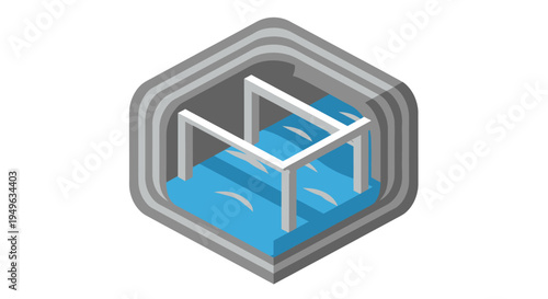 Isometric view of a water slide structure with blue water inside a hexagonal frame.