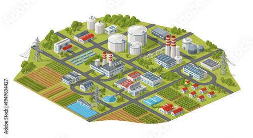 Isometric view of a sustainable city with various industries and green energy sources.