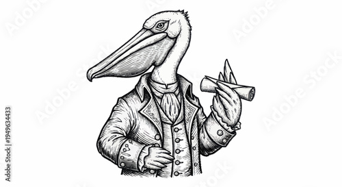 Anthropomorphic Pelican Dressed in Victorian Attire Holding Scroll.