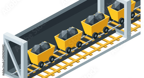 Isometric view of mining carts filled with coal on a conveyor belt system.