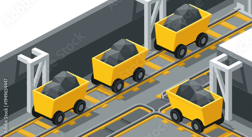 Isometric view of mining carts filled with coal on a conveyor belt system.