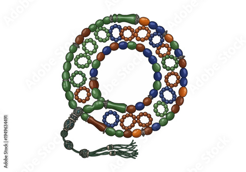 Colorful Islamic Prayer Beads Illustration with Tassel.