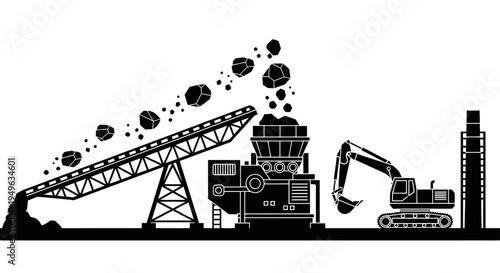 Mining and Quarrying Operations with Heavy Machinery Silhouette.