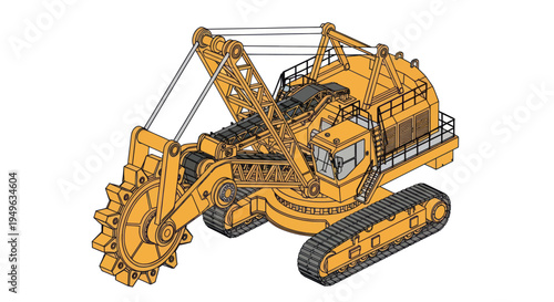 Massive Yellow Bucket Wheel Excavator Industrial Machine.