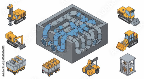 Isometric Construction Equipment and Underground Drainage System Illustration.