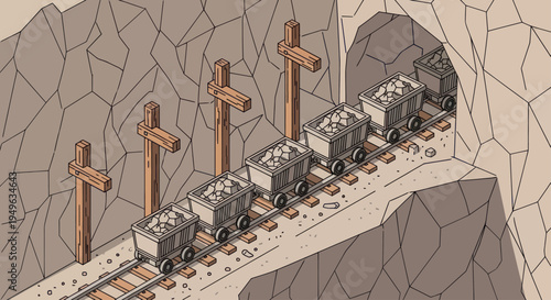 Mining carts filled with ore on a track inside a mine shaft.