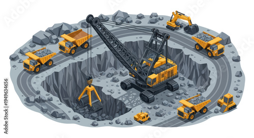 Mining operation with heavy machinery and trucks in an open pit mine.