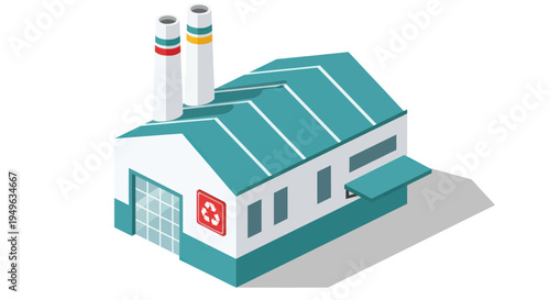 Modern Factory Building with Recycling Symbol and Smokestacks.