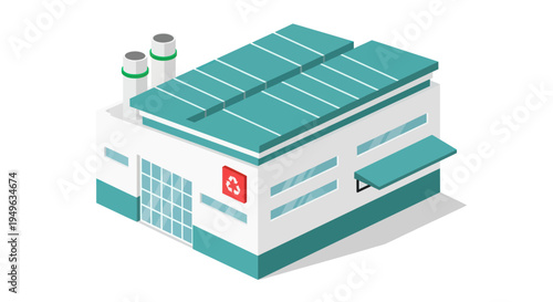 Modern Factory Building with Solar Panels and Smokestacks.